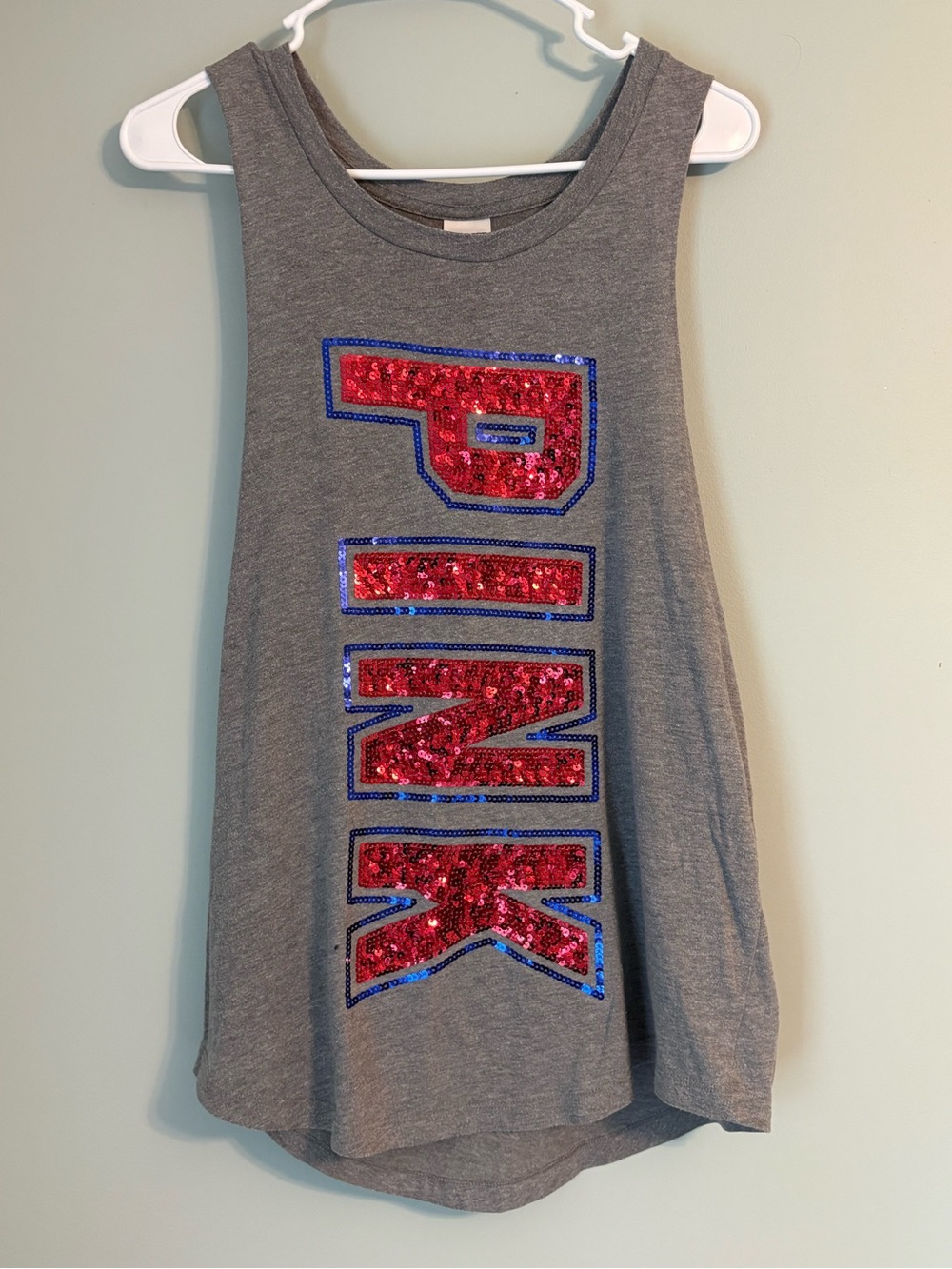 PINK Victoria's Secret Gray Tank Top with Red Sequin Logo